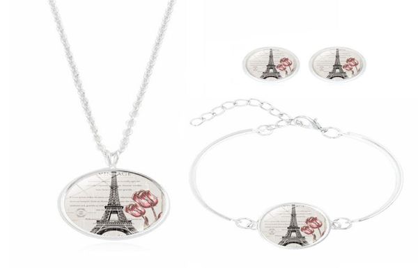 Novo conjunto de jóias 5setVintage com vidro de vidro de prata Cabochon Eiffel Tower Tower em forma de gargantilha Breation Bracelet Set para CHI9426882