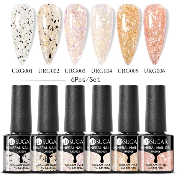 Kits ur Zucker 6pcs 7ml Glasflasche Mineral Nagelgel Politis Set Glitzer Gold Folie Abtrüben Sie UV -LED -Gel Varnisa Maniküre für Nägel