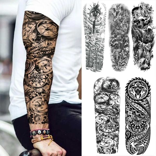 Tattoo trasferimento della bussola robot braccio manica di tatuaggi temporanei per uomini donne realistiche del cranio falso angelo pieno braccio pieno tatoos maori totem tatuaggio adesivo tatuaggio 240426