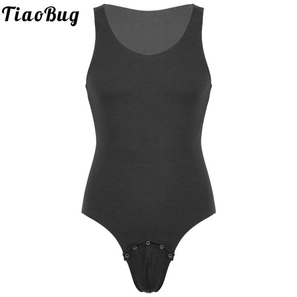 T-Shirts Tiaobug Yaz Erkekler Yüzme Bodysuit Leotard Derin U Boyun Kolsuz Pres Düğmesi Kasık Yelek Gömlek Tulum Fiess Spor Salonu