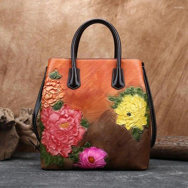 Bag YouSaison Ladies Bucket Vintage geprägte Schulter -Messenger -Taschen 2024 handgefertigte Frauenblumen -Lederhandtasche mit großer Kapazität