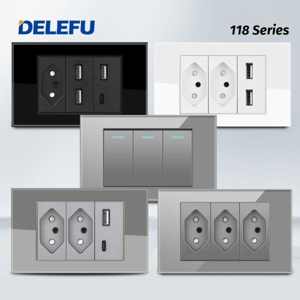 Fişler Delefu Temperli Cam Brezilya Standart Outlet Çift USB Tip C İsviçre Duvar Soketi Işık Anahtarı İsviçre 118*72mm 10a 20a