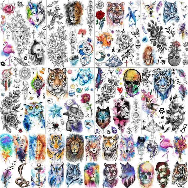 Transferência de tatuagem 31 folhas de tigre colorido Owl Tattoos temporários para homens Mulheres Tattoo realista Adesivo Diy Sketton Flower Fake Tatoos Kits 240426