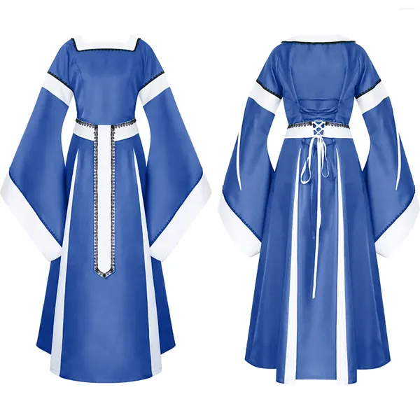 Vestidos casuais Mulheres medieval Renascença renascentista Manga de trompete retro pão de pão de pão de pão de arco de renda irlandês sobre traje de halloween de vestido longo plus size