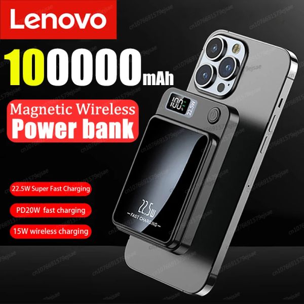 Bank Lenovo 100000mAh Kablosuz Güç Bankası Manyetik Qi Taşınabilir Powerbank 22.5W IPhone15 14 13 Samsung Hızlı Şarj