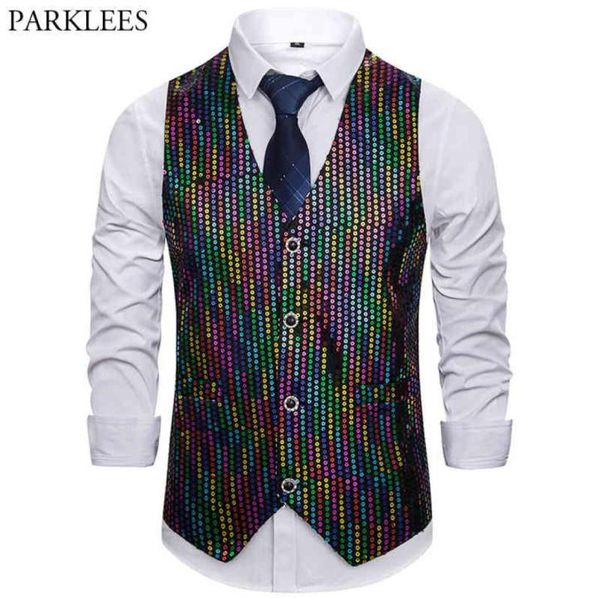 Glänzende farbenfrohe Paillistin Männer Vest SingleBreasted Casual Slim Fit Vests Men Nightclub Dance Show Sänger Weste Gilet Homme 214839774