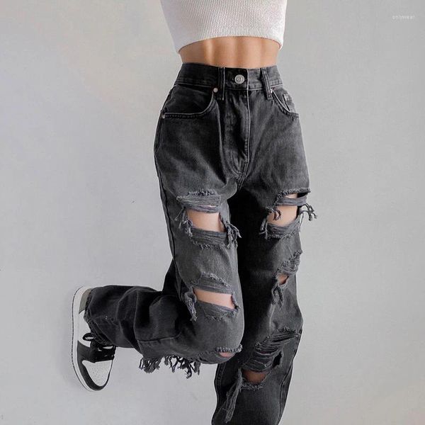 Kadın Kotları 2024 Vintage Bol yırtık Kadınlar Gevşek geniş bacak yüksek bel düz pantolon Lady Streetwear kesilmiş denim pantolon