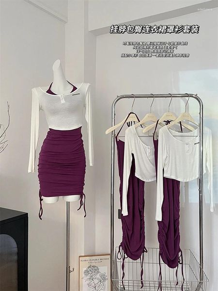 Vestidos de trabalho Women Dress Sets Purple Sets Terne Vintage Manga Longa T-shirt e A-line Mini Y2K 90S COREANS ELEGANT 2000 Roupos Summer 2024