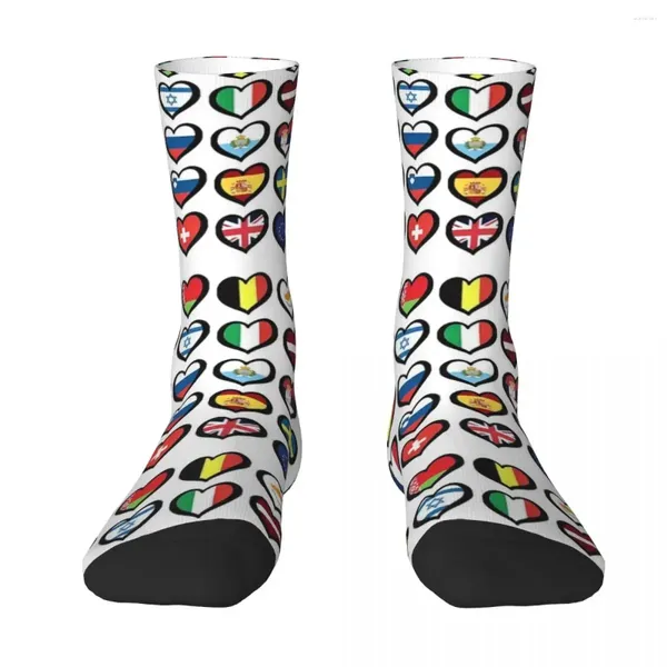 Herrensocken Eurovision Songwettbewerb Flaggen Herzen Harajuku Qualitätsstrümpfe die ganze Saison über das Geburtstagsgeschenk der Frau der Frau