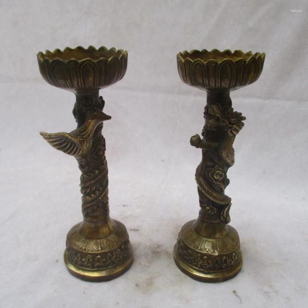 Kerzenhalter sammelbar 1 Paar chinesischer alter Kupfer geschnitzter Drache und Phoenix Candlestick /Antique Metall