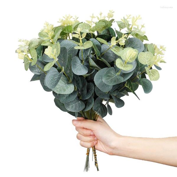 Flores decorativas 10pcs planta artificial seda eucalipto folhas galhos bouquet de caules falsos para vaso wedding flor floral arranjo