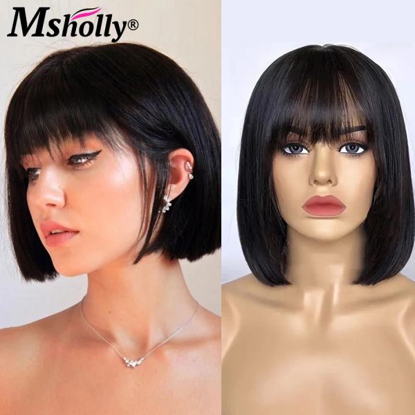 Perücken Straight Bob mit Pony Perücken billige volle Maschine Herge menschliche Haar Perücken für Frauen Brasilianer Remy vorgezogen mit Babyhaar Perücken