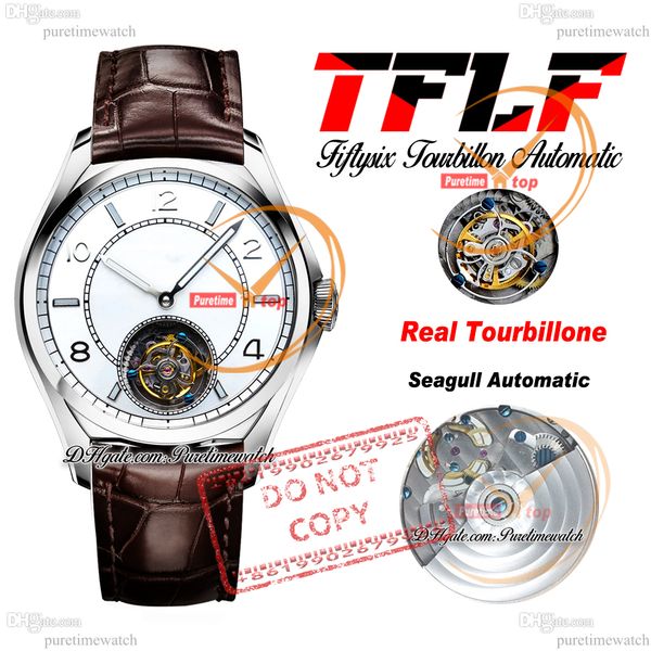 FiftySix 6000E Real Tourbillon Mens Automatic Watch TFLF Case White Dialtra in pelle marrone Super Edition RELOJ HOMBRE MONTRE HOMMES PuretimeWatch