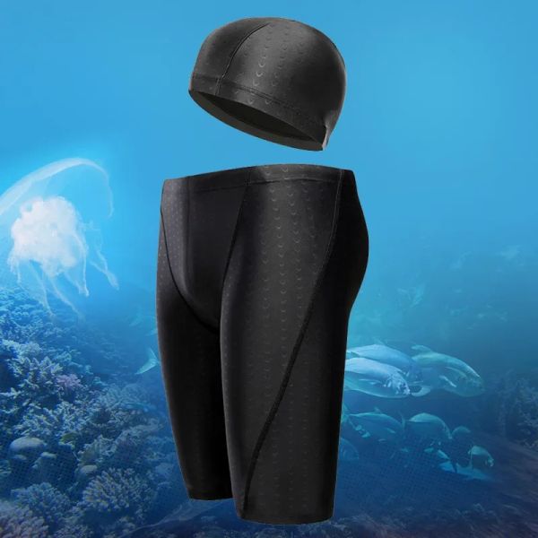 Badebekleidung Männer Schwimmen Shorts wasserdichte Wettbewerb Schwimmausrüstung mit Schwimmkappe Badebekleidung Halbhose Männer Sommerstämme Schwimmmütze Hose