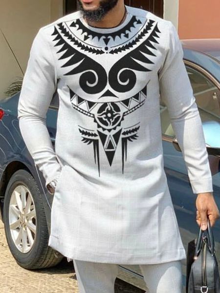 2024 Brand African Man Roupet Settle Design Impresso Mens Sets Shirt com Pant African Fashion Masculino Nas do noivo 240423
