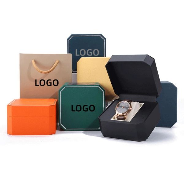 Case 1 pcs Logo di personalizzazione gratuito Case di orologi PU di alto grado Casella ottagonale PU Gioielli in pelle Regola di imballaggio regalo all'ingrosso