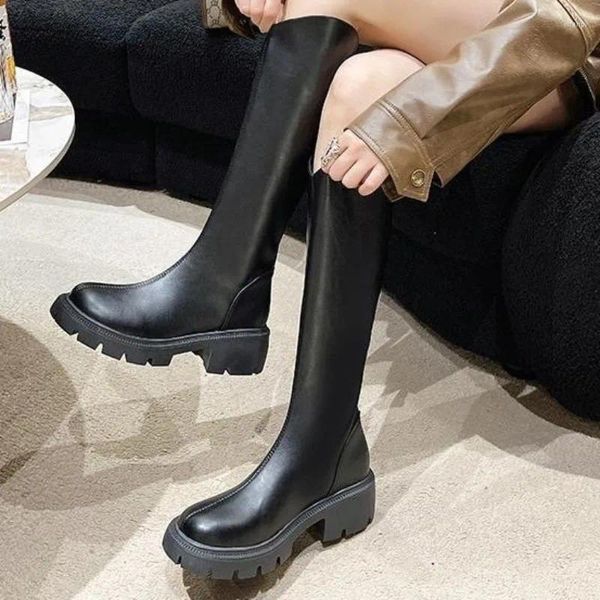 Boots Women's High 2024 inverno di moda invernale Scarpe non slipzipper per donne in pelle PU Piattaforma piena di ginocchia Zapatos
