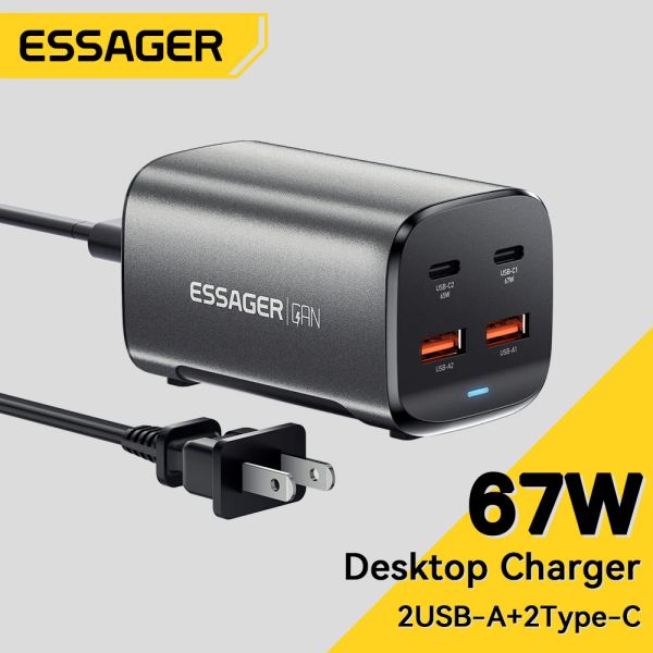 Chargers Essager 67W Gan USB C Şarj Cihazı Hızlı Şarj 4.0 QC 3.0 PD USBC Tip C Masaüstü Hızlı Şarj Cihazı MacBook Samsung iPhone 15 Dizüstü Bilgisayar