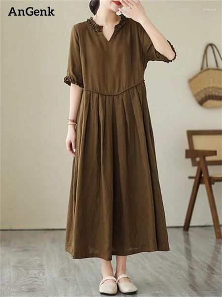 Abiti per feste Cotton Vintage Solid Color for Women 2024 Summer Casual Long Fashion Dress Dremme Robe Office Lady Lady Abbigliamento elegante