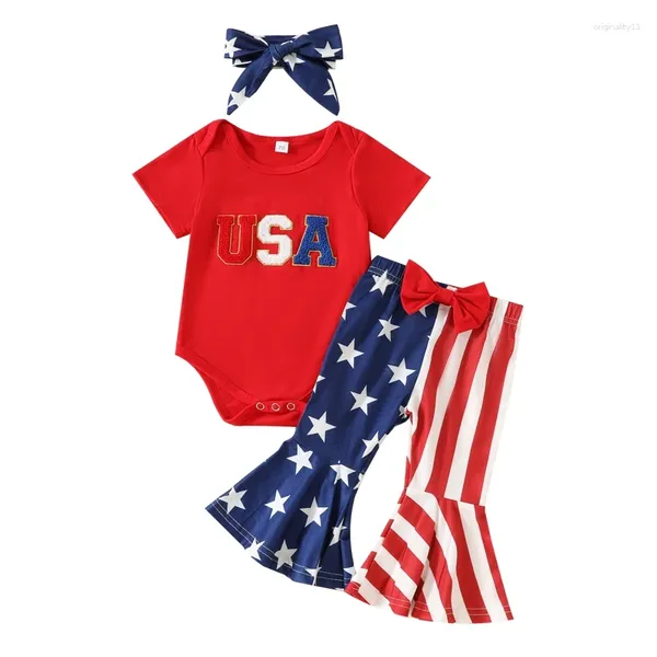 Set di abbigliamento bambino outfit del 4 luglio set manica corta da ricamo da ricamo con stampa a strisce pantaloni per fiammata