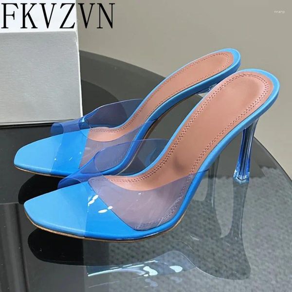 Тапочки Прибытие Peep Toe Clear Pvc обувь для женщин скользит на прозрачных сандалиях синие высокие каблуки желе желе
