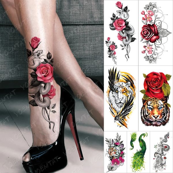 Adesivo de tatuagem temporária à prova d'água Rose Snake Flower Tattoos Lace Tiger Dragon Body Art Arm Mulheres de manga falsa 240423