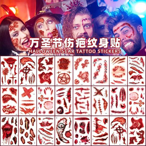 Transfer per tatuaggi 10pcs Halloween impermeabili di tatuaggi temporanei Sexy Bloody Makeup Zombie Scar Scar decorazione Tattoo Decorazione Ferita Horror Blood Sticker 240427