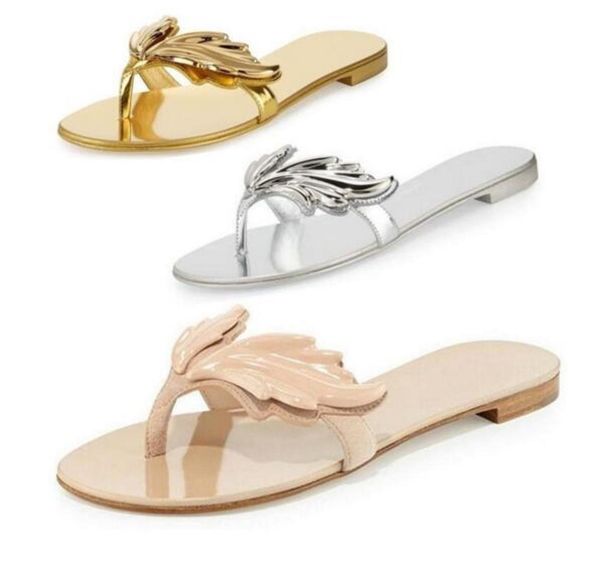 Zalim Yaz Tasarımcısı Flip Flips Gümüş Altın Sandallar Kadın Düz Ayakkabı Sıradan Yapraklar Kanatlı Kadın Terlikleri Zapatos Mujer7819483