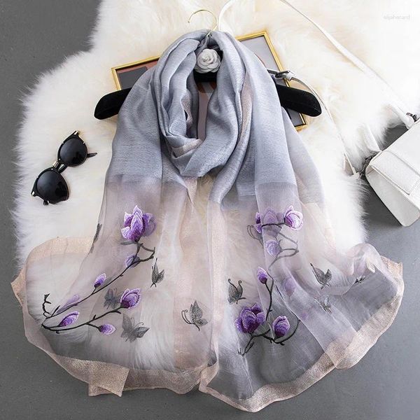 SCARPE 2024 Women Silk Wool Scarf Hijab Foulard Pashmina Beach Stoles Bandana ricamato a scialli Long e avvolge la farfalla della fascia per la testa