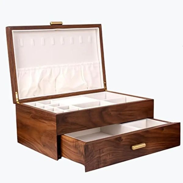 Caixa de armazenamento de jóias de madeira retrô feita à mão com madeira de nogueira natural de madeira elegante de flanela elegante, exibição de pulseira de colar de flanela 240412