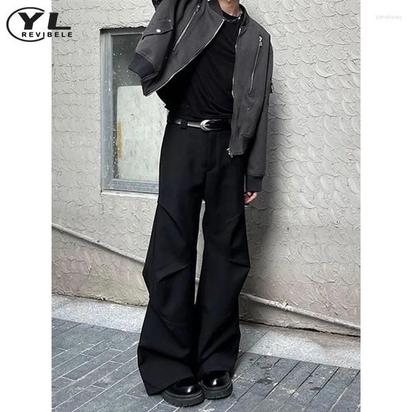 Calça masculina rua de rua alta casual terno preto calça dobra design de calça de calça de calça lisa e safra de gorjeta larga de pernas largas de pernas largas verão
