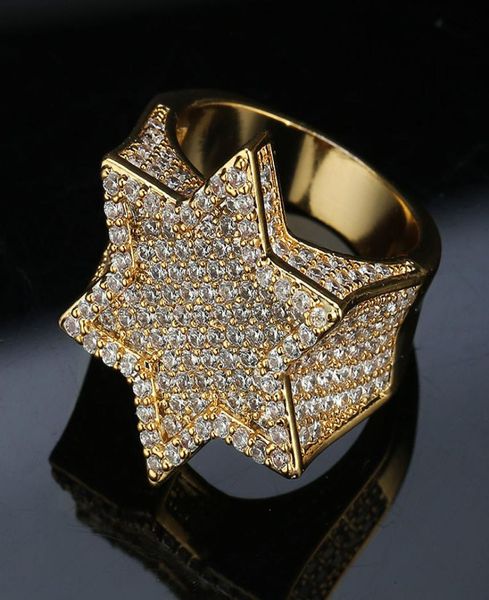 Vero Gold Gold Oro Plorato Verde Menta ghiacciato Cubbico Zirconia Canda esagonale Star Finger Band Bling Diamond Street Rapper Ring 5085352
