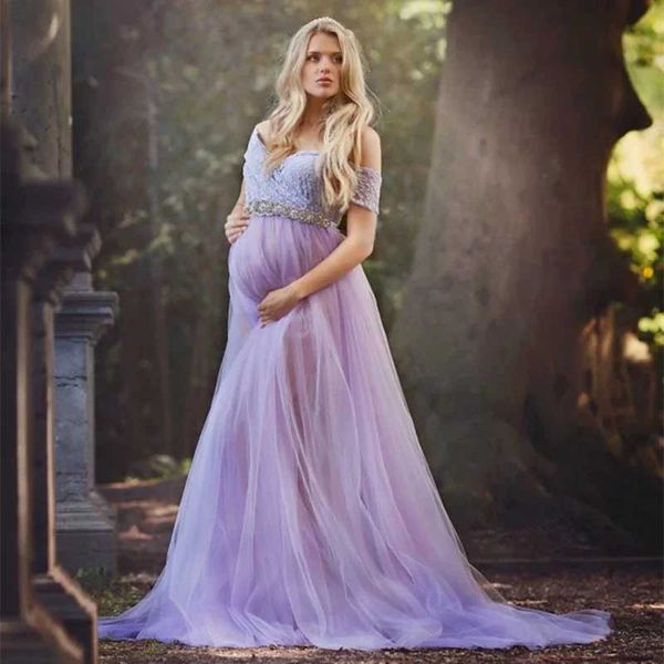 Abiti di maternità Scollo singolo Mesh in pizzo Mesh Maternity Fotografia Abito Tracciatura di abbigliamento quotidiano stretto e sexy Q240427