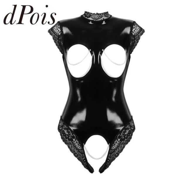 Potenziatore femminile ONEPIECE Look bagnato in pelle in pelle sexy in lingerie maniche ad alta manica aperta seno in pizzo senza piena corrotta tagliata