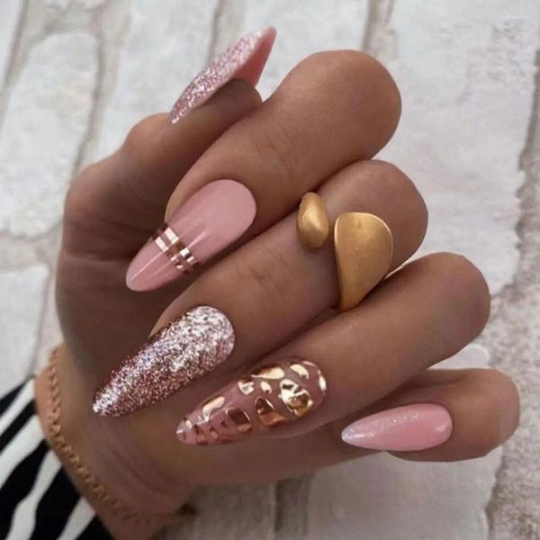 Falso unhas Manicure francesa Leopard Long Almond Press em Mulheres de Nials Falsos Doces e Picantes