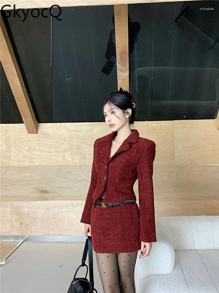Vestidos de trabalho gkyocq retro vermelho acolchoado jaqueta tweed terno