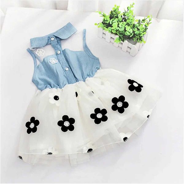 Mädchenkleider Mädchen Kleid koreanische Version Denim Mesh kleiner Blumen Patchwork flauschiger Rock Mädchen Baby Denim süße Prinzessin Rock