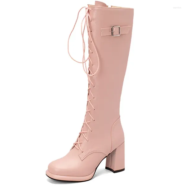 Stivali Pink Knee High Womenle 2024 Autunno inverno tacchi a blocchi femminili rossi scarpe da cavalletto in pizzo nero di grandi dimensioni