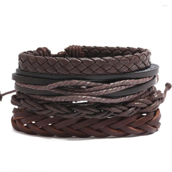 Bracelets de charme Multilayer Multilayer Leather Set Set Jewelry Fashion Rope Braed Breated Pull Brown 4 PCs/Set