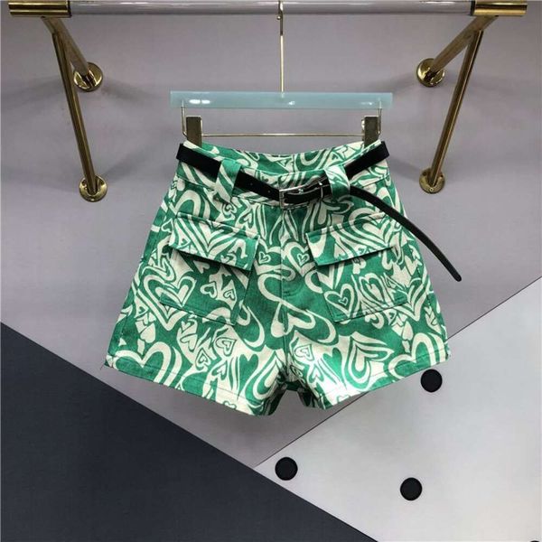 Kadınlar İçin Yeşil Düzensiz Baskılı Denim Şortları Yaz Elbiseleri Yeni Çok Yönlü Yüksek Belce A-line Geniş Bacak Sıcak Pantolon