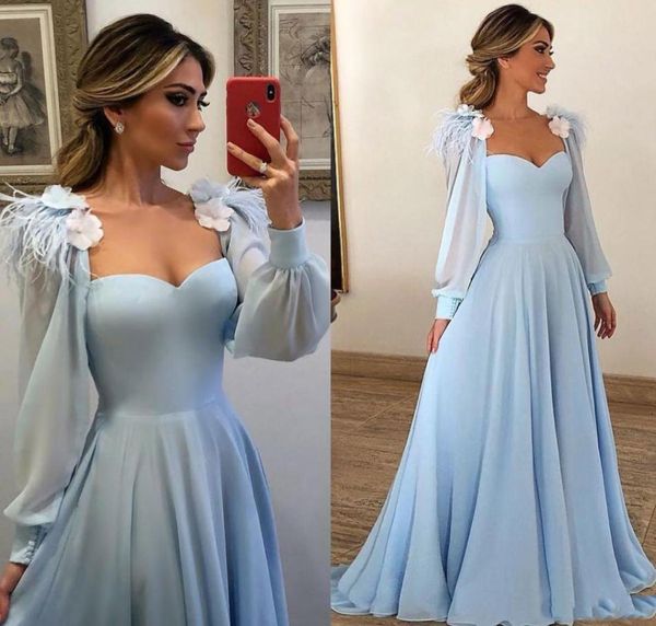 Abiti da ballo blu long long di moda con maniche lunghe poeta abiti da sera formali una festa in chiffon di fiore di piuma di fiume Prom8265234