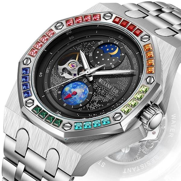 Orologi da polso da uomo completamente automatico orologio meccanico impermeabile in acciaio inossidabile strapstone ultra forte fulmine da sole stelle lunari del sole