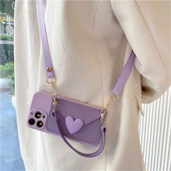 Cep Telefonu Kılıfları Koreli Crossbody, Kart Koltuğu ile Kolye Up Purple Case İPhone 11 12 13 14 Pro Max X XS XR MAX Madeni Para Cüzdan Kapağı J240426