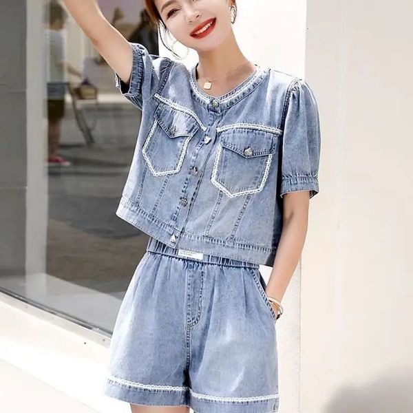 Fried Street Denim Shorts Set Casual Short Sleeve Jean Bluse Lose zweiteilige Sommertrends Thin Mode Anzüge 240426