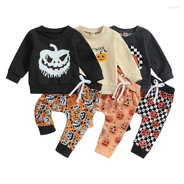 Set di abbigliamento abiti da autunno per bambini bambini bambini a 2 pezzi abiti da balzo da binari di halloween con stampa a maniche lunghe e pantaloni 0-3y