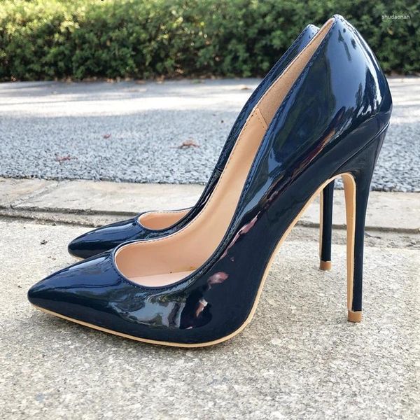 Kleiderschuhe Frauen Marine Blue Patentpumpen Low geschnittene spitze Toem Stilettos Elegante Damen formelle Schlupf auf High Heels Mode