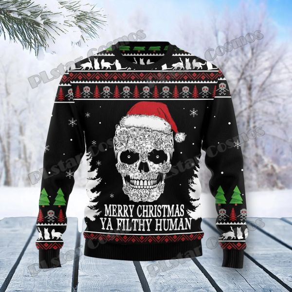 Sweaters Cat Skull Santa und Drum 3D Printed Herren -Crewneck Ugly Weihnachtspullover Winter Unisex Casual Warm Strick Pullover Pullover my04