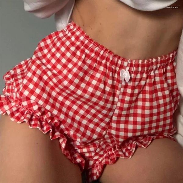 Frauen Nachtwäsche Y2K Plaid Pyjama Shorts Elastic Band Ruffle Trim Lounge Kawaii Ästhetische Hütte Pyjama Bottom Hosen Homewear Beachwear