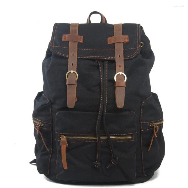 Backpack Men's Canvas Travel Bag Satchel Leather Cotton Rucksack de grande capacidade Laptop Bagpack