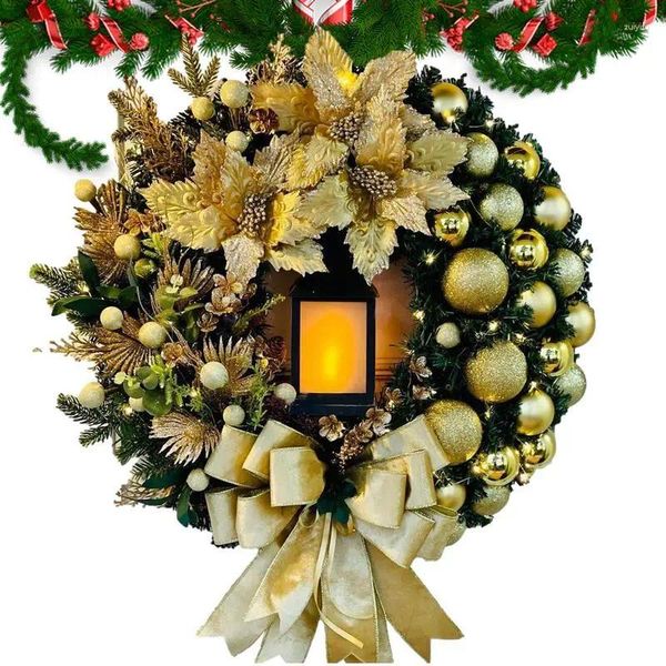 Flores decorativas Christmas Wreath Indoor Outdoor com lanterna de férias artificiais de longa duração LED para a parede da porta da frente da varanda